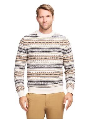 Izod Men's Cream Fair Isle Crewneck Sweater with Stripes